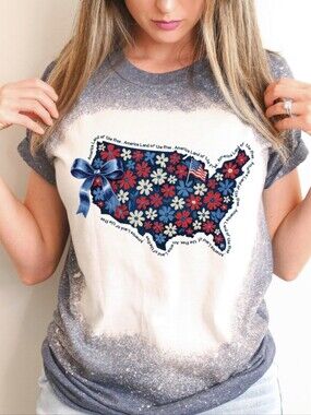 Floral Map 4th Of July Bleached tshirt, Graphic Tshirt, Women Tee